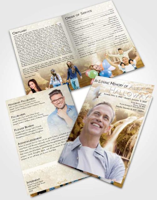 Bifold Order Of Service Obituary Template Brochure Golden Waterfall Paradise