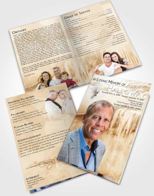 Bifold Order Of Service Obituary Template Brochure Golden Waterfall Tranquility