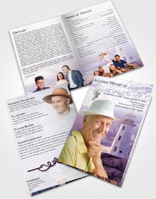 Bifold Order Of Service Obituary Template Brochure Lavender Sunrise Lighthouse Safety