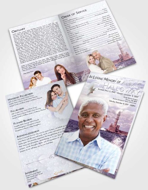 Bifold Order Of Service Obituary Template Brochure Lavender Sunrise Lighthouse in the Tides