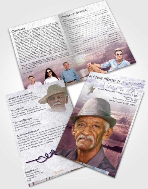 Bifold Order Of Service Obituary Template Brochure Lavender Sunrise Tropical Beach