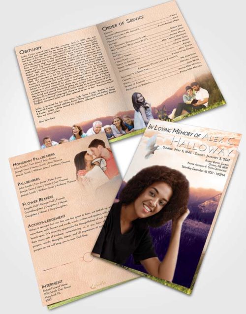 Bifold Order Of Service Obituary Template Brochure Lavender Sunset Graceful Mountains