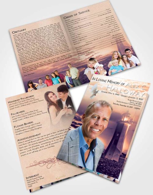 Bifold Order Of Service Obituary Template Brochure Lavender Sunset Lighthouse Magnificence