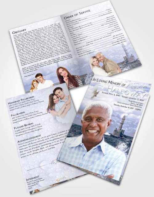 Bifold Order Of Service Obituary Template Brochure Light Blue Ocean Lighthouse in the Tides