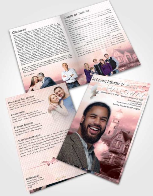 Bifold Order Of Service Obituary Template Brochure Pink Serenity Lighthouse Lookout