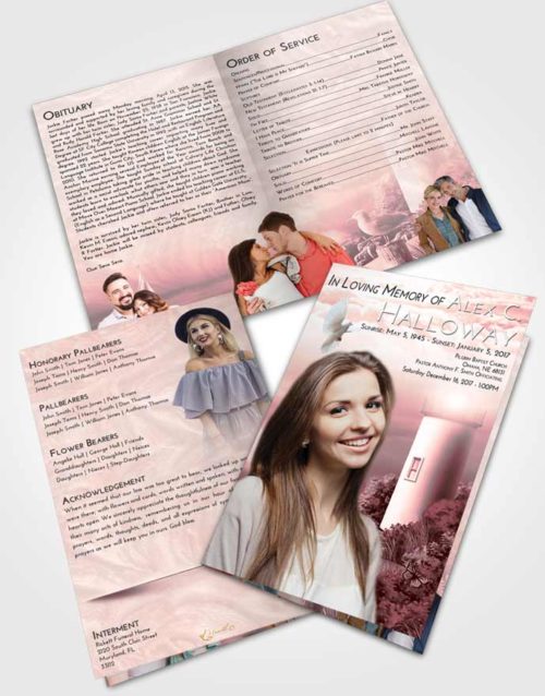 Bifold Order Of Service Obituary Template Brochure Pink Serenity Lighthouse Mystery
