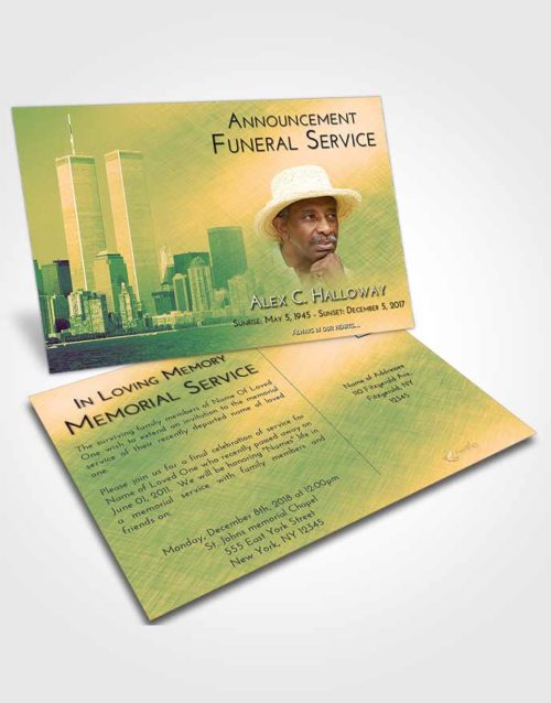 Funeral Announcement Card Template Emerald Serenity Cityscape