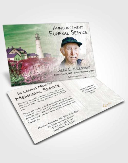Funeral Announcement Card Template Emerald Sunrise Lighthouse Journey