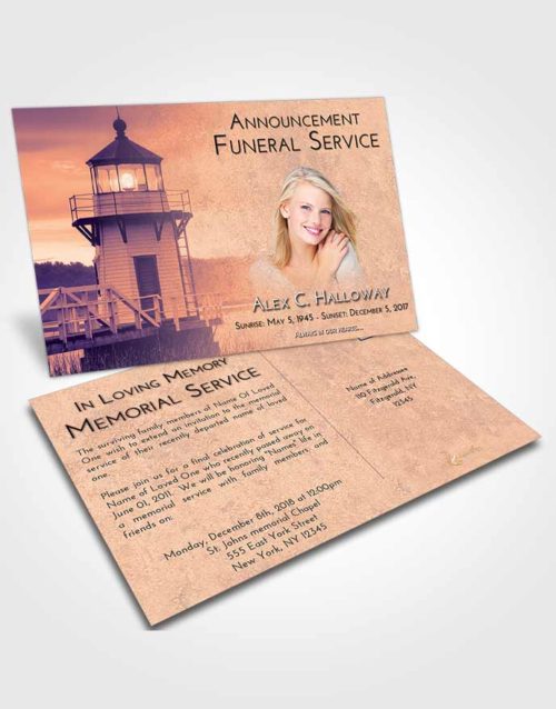 Funeral Announcement Card Template Lavender Sunset Lighthouse Surprise