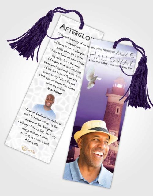 Funeral Bookmark Template Lavender Sunrise Lighthouse Majesty