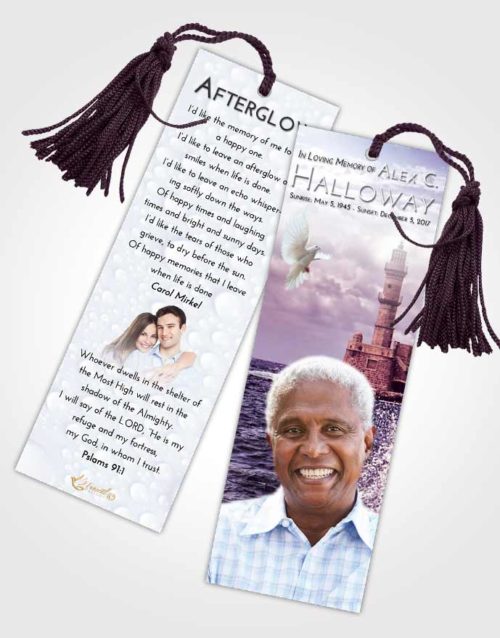 Funeral Bookmark Template Lavender Sunrise Lighthouse in the Tides