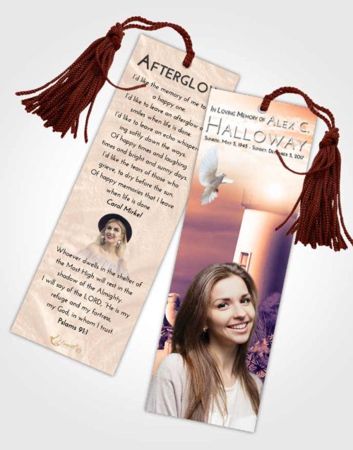 Funeral Bookmark Template Lavender Sunset Lighthouse Mystery