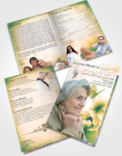Bifold Order Of Service Obituary Template Brochure Emerald Serenity Floral Butterfly