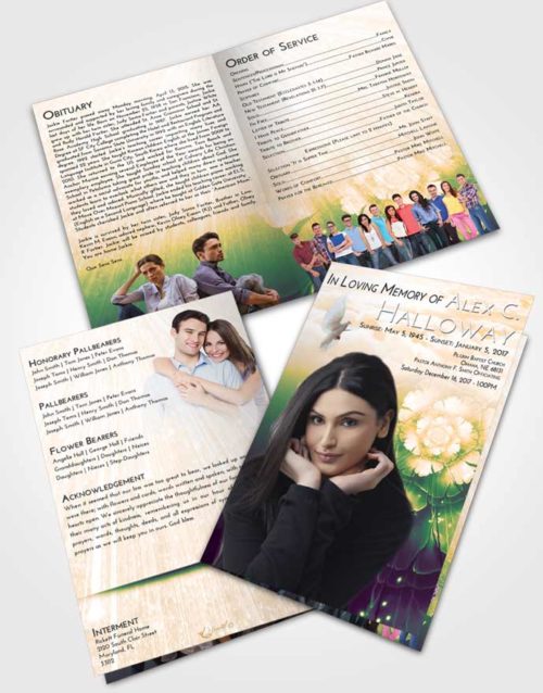 Bifold Order Of Service Obituary Template Brochure Emerald Serenity Floral Secret
