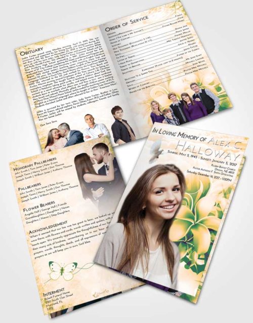 Bifold Order Of Service Obituary Template Brochure Emerald Serenity Floral Wish