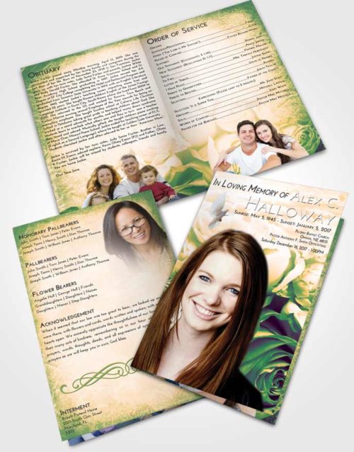Bifold Order Of Service Obituary Template Brochure Emerald Serenity Rose Magic