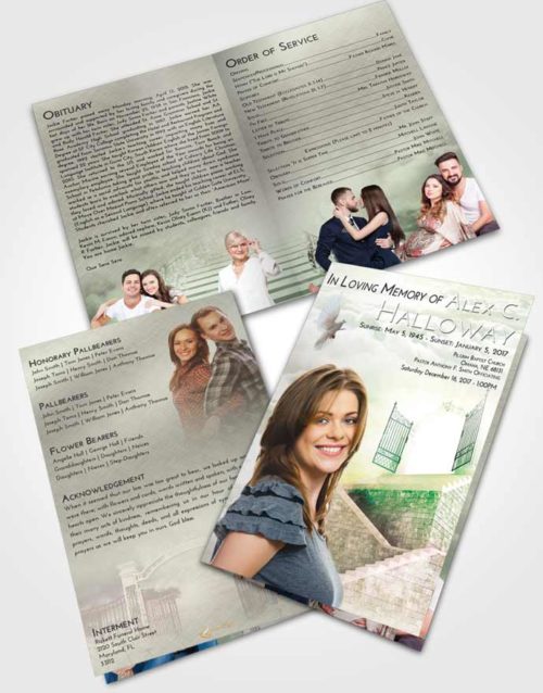 Bifold Order Of Service Obituary Template Brochure Emerald Sunrise Stairway to the Gates of Heaven