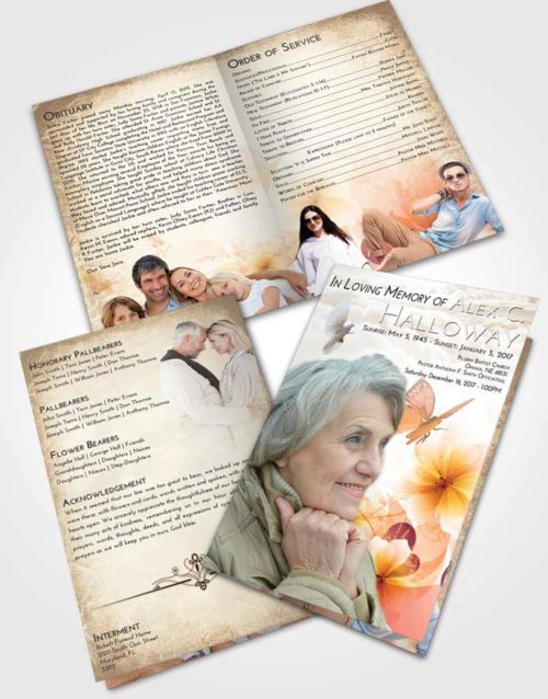 Bifold Order Of Service Obituary Template Brochure Golden Peach Floral Butterfly