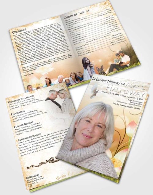 Bifold Order Of Service Obituary Template Brochure Golden Peach Floral Peace