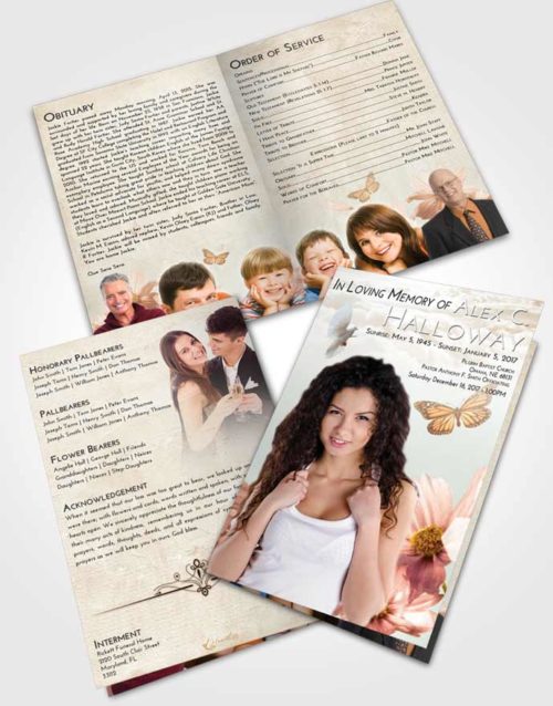 Bifold Order Of Service Obituary Template Brochure Golden Peach Floral Sky