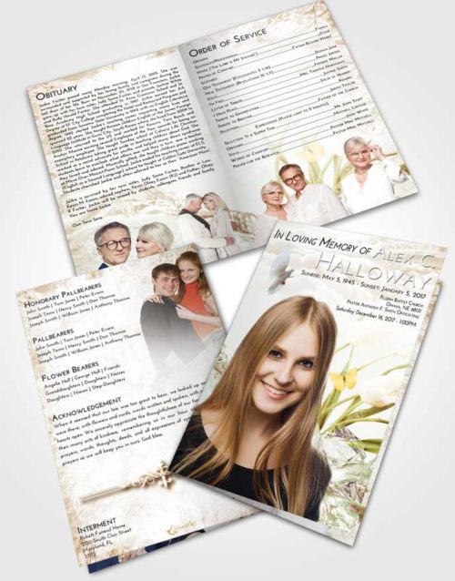 Bifold Order Of Service Obituary Template Brochure Golden Peach Floral Wave