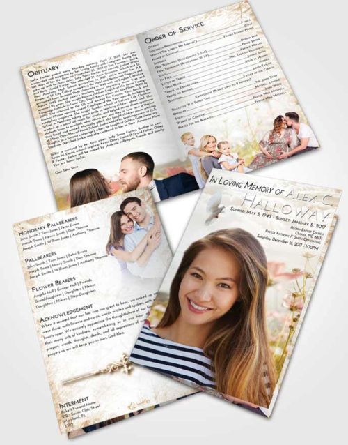 Bifold Order Of Service Obituary Template Brochure Golden Peach Floral Whispers