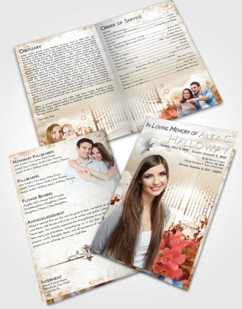 Bifold Order Of Service Obituary Template Brochure Golden Peach Flowery Gates to Heaven