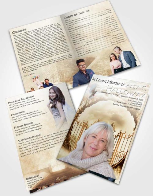 Bifold Order Of Service Obituary Template Brochure Golden Peach Mystical Gates of Heaven