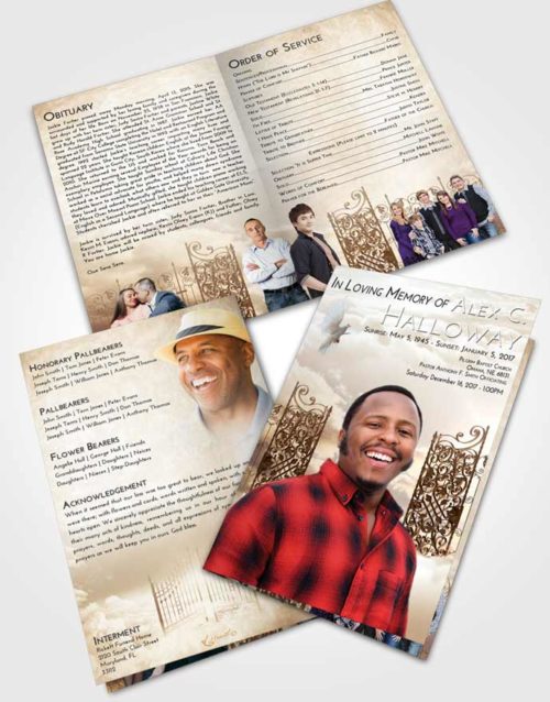 Bifold Order Of Service Obituary Template Brochure Golden Peach Pearly Gates of Heaven