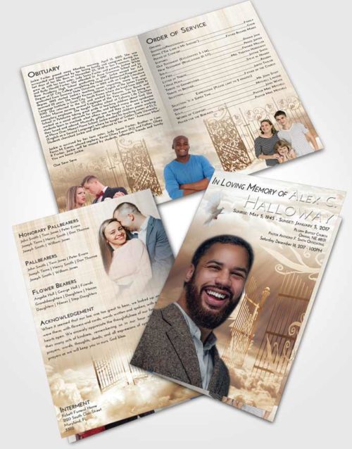 Bifold Order Of Service Obituary Template Brochure Golden Peach Precious Gates to Heaven