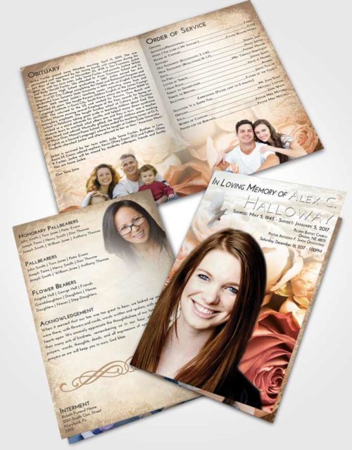 Bifold Order Of Service Obituary Template Brochure Golden Peach Rose Magic