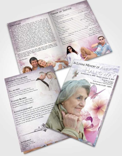 Bifold Order Of Service Obituary Template Brochure Lavender Sunrise Floral Butterfly