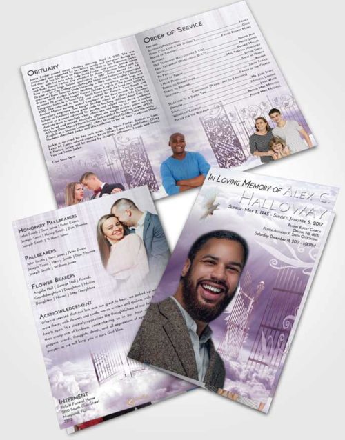 Bifold Order Of Service Obituary Template Brochure Lavender Sunrise Precious Gates to Heaven