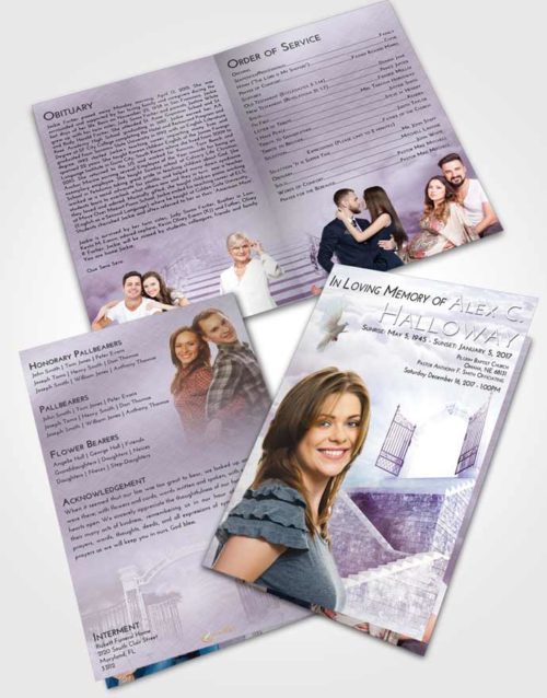 Bifold Order Of Service Obituary Template Brochure Lavender Sunrise Stairway to the Gates of Heaven