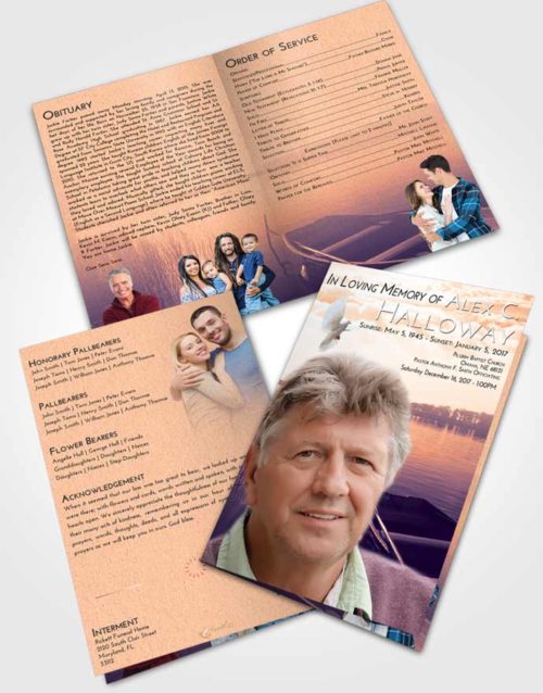 Bifold Order Of Service Obituary Template Brochure Lavender Sunset Fishing Boat
