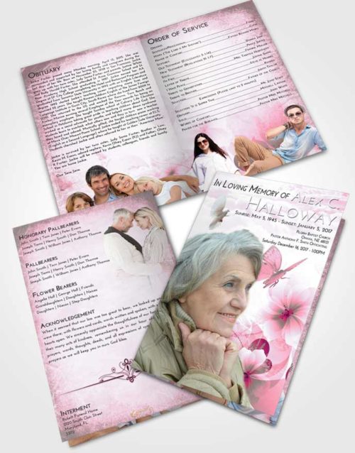 Bifold Order Of Service Obituary Template Brochure Pink Faith Floral Butterfly