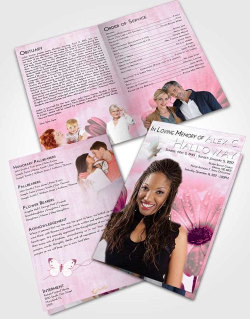 Bifold Order Of Service Obituary Template Brochure Pink Faith Floral Raindrops