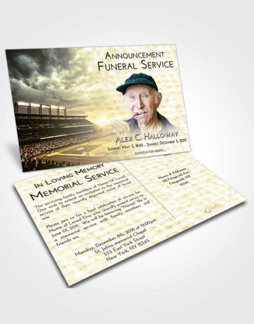 Funeral Announcement Card Template At Dusk Baseball Stadium