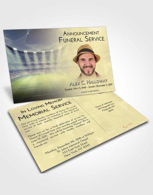 Funeral Announcement Card Template At Dusk Soccer Stadium