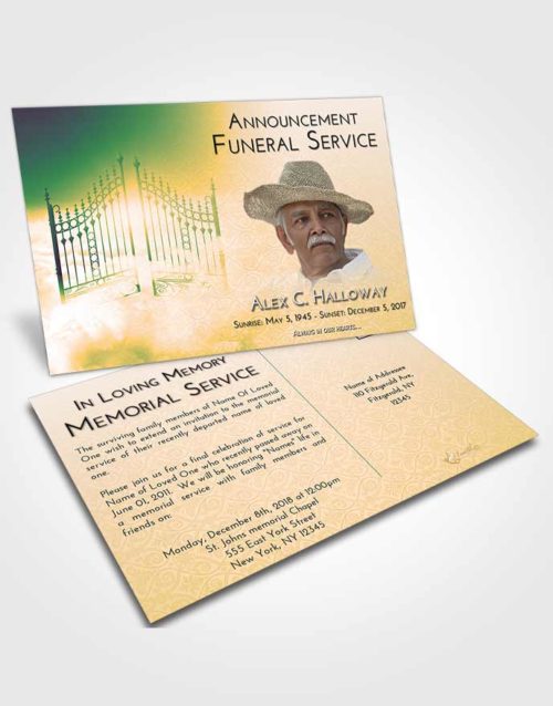 Funeral Announcement Card Template Emerald Serenity Gates to Heaven