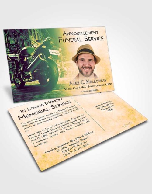 Funeral Announcement Card Template Emerald Serenity Motorcycle Dreams