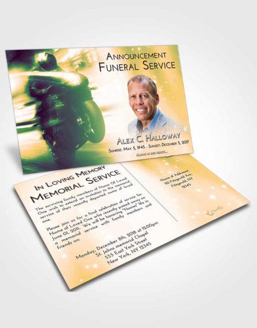 Funeral Announcement Card Template Emerald Serenity Motorcycle Speed