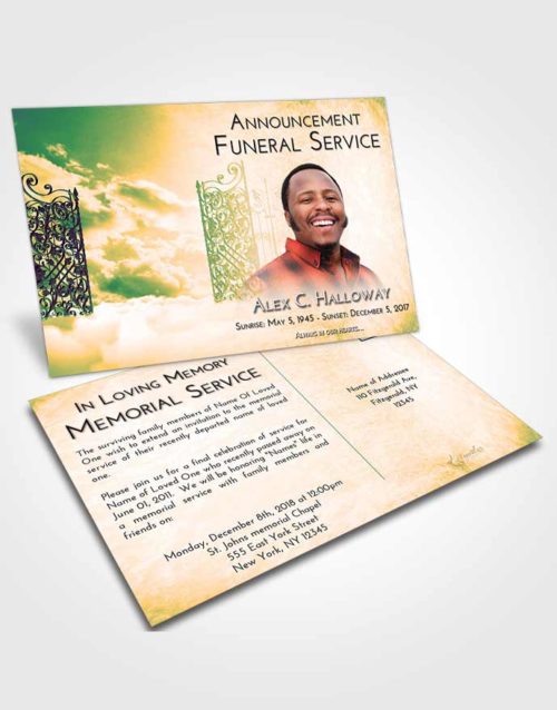 Funeral Announcement Card Template Emerald Serenity Pearly Gates of Heaven
