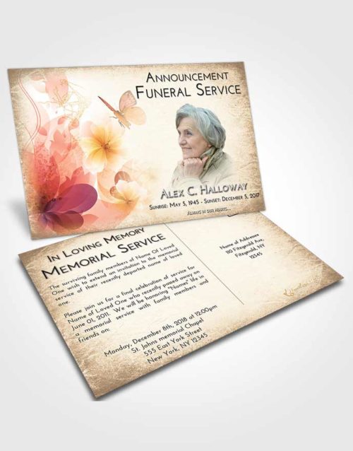 Funeral Announcement Card Template Golden Peach Floral Butterfly