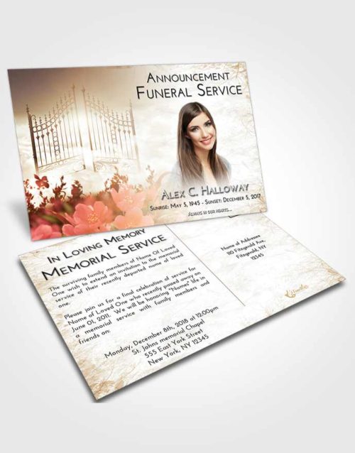 Funeral Announcement Card Template Golden Peach Flowery Gates to Heaven