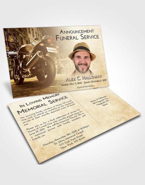 Funeral Announcement Card Template Golden Peach Motorcycle Dreams