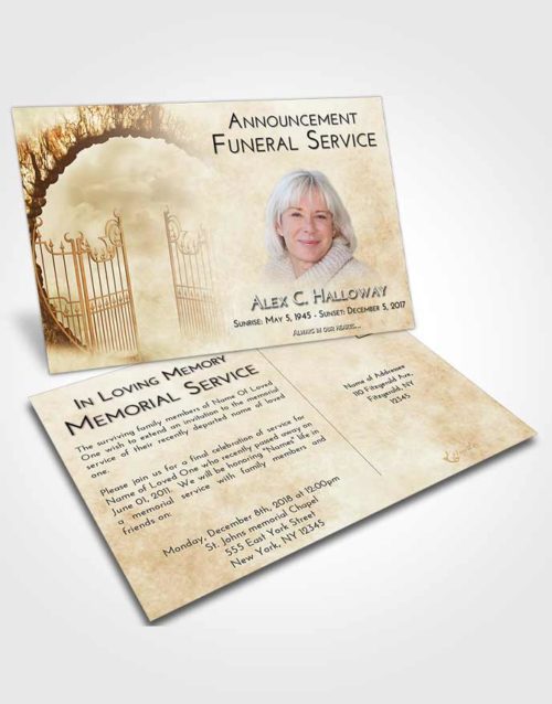 Funeral Announcement Card Template Golden Peach Mystical Gates of Heaven