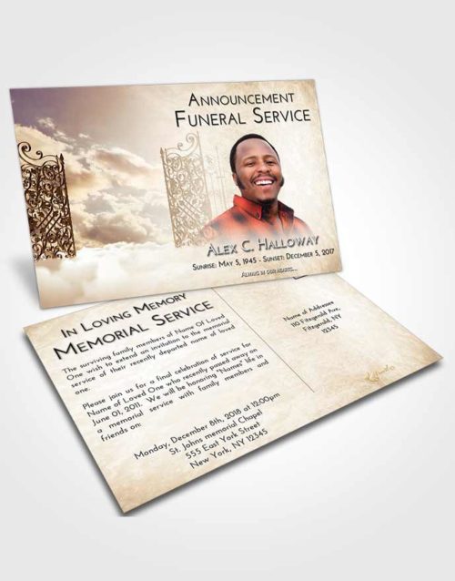 Funeral Announcement Card Template Golden Peach Pearly Gates of Heaven