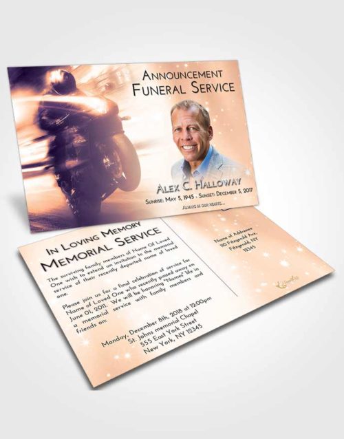 Funeral Announcement Card Template Lavender Sunset Motorcycle Speed