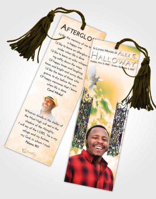 Funeral Bookmark Template Emerald Serenity Pearly Gates of Heaven